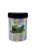 A cylindrical plastic jar filled with iridescent holographic glitter, featuring a black screw-top lid and a colorful 'Candy Ketch Kuretake' logo on the front, set against a plain white background.